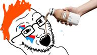 arm david_bowie drinking face_paint glasses hair hand holding_object open_mouth orange_hair soy soyjak soylent stubble variant:classic_soyjak // 1159x665 // 2.2MB