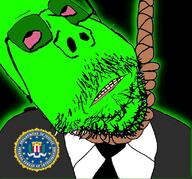 bloodshot_eyes clothes distorted fed federal_agent federal_bureau_of_investigation glasses glowie glownigger green_skin necktie rope stubble subvariant:scholar suicide suit variant:gapejak yellow_teeth // 773x721 // 326.0KB