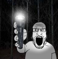 arm clothes flashlight glasses hand holding_object horror irl_background open_mouth scared soyjak stubble tshirt variant:markiplier_soyjak // 1193x1200 // 1.1MB
