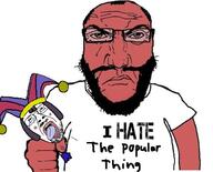 2soyjaks angry arm balding blush clothes clown frown hat holding_object holding_soyjak i_hate jester_hat pomni punisher punisher_face red_skin redraw squished subvariant:science_lover t-shirt the_amazing_digital_circus tshirt variant:bernd // 608x492 // 51.4KB