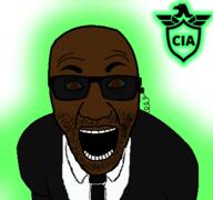 black_skin central_intelligence_agency clothes earpiece glasses glowie glowing glownigger necktie open_mouth red_eyes soyjak stubble suit text tinted_glasses variant:el_perro_rabioso // 427x400 // 53.8KB