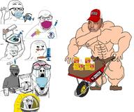 angry brainlet buff cap chad closed_eyes clothes covid crying ear facemask fit_(4chan) glasses grey_skin hat hazmat_suit meds npc open_mouth soyjak stubble syringe variant:excited_soyjak variant:feraljak variant:reaction_soyjak variant:soyak wheelbarrow // 1024x852 // 127.1KB