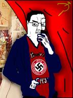 calling chud closed_mouth clothes communism glasses hair hammer_and_sickle irl_background nazism pol_(4chan) soyjak swastika variant:chudjak // 688x922 // 459.5KB
