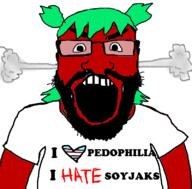 4chan angry anime arm beard clothes fume glasses hair heart i_hate i_love open_mouth pedophile pedophilia soyjak subvariant:science_lover tranny transheart tshirt variant:markiplier_soyjak yotsoyba // 800x789 // 133.5KB