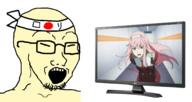 anime asian clothes darling_in_the_franxx glasses headband japan japanese_text open_mouth screen small_eyes soyjak stubble television variant:soyak yellow_skin zero_two // 1509x800 // 538.1KB
