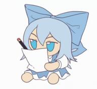 animated anime arm blue_eyes blue_hair cirno clothes female full_body fumo glasses hair hair_ribbon hand holding_object leg open_mouth paper soyjak stubble touhou variant:gapejak video_game // 498x457 // 2.9MB