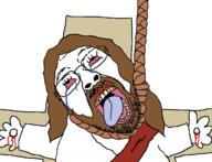 arm beard blood bloodshot_eyes brown_hair christianity clothes cross crucifixion crying glasses hair hand hanging jesus mustache open_mouth religion rope soyjak tongue variant:gapejak_front yellow_teeth // 1268x969 // 663.1KB
