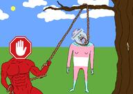 adblock_plus adblocker advertisement arm background clothes crying hanging holding_object holding_rope lynching neovagina open_mouth outdoors purple_hair red_skin soyjak stubble tongue tranny tree variant:bernd // 2100x1500 // 191.0KB