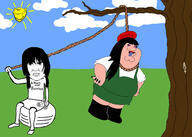 bloodshot_eyes closed_mouth clothes crying drawn_background ear family_guy fishtank_live full_body grass grin hanging holding_object josie_(fishtank) lynching million_dollar_extreme millions_must_die noose open_mouth outdoors peter_griffin rope smile soyjak sun sylvia_(fishtank) tongue tree variant:chudjak variant:impish_soyak_ears // 1400x1000 // 404.6KB