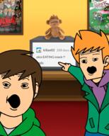 2soyjaks brown_hair clothes computer drawn_background ear eddsworld hair open_mouth orange_hair pointing poster soy_parody soyjak variant:two_pointing_soyjaks // 1638x2048 // 1.7MB