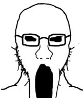 black_eyes creepy glasses no_eyebrows no_teeth open_mouth soyjak stretched_mouth stubble subvariant:soyak_front2 variant:soyak // 604x716 // 10.0KB