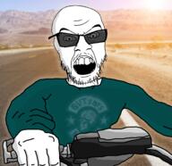 angry arm biker clothes desert glasses hand irl_background motorcycle mustache open_mouth road soyjak stubble sun sunglasses text variant:feraljak // 959x928 // 600.2KB