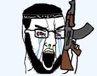 ak-47 arabic_text arm bloodshot_eyes crying firearm glasses gun hair hand holding_object mass_shooter mucus open_mouth terrorist transparent variant:chudjak // 591x465 // 107.0KB