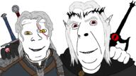 2soyjaks 3soyjaks albino armor chain_mail champion clothes elf elric friendship geralt_of_rivia grey_hair hair hand happy hugging looking_at_you objectsoy orange_eyes red_eyes ring ruby scar smile soyjak stubble sword variant:cobson variant:feraljak variant:soyak white_hair witcher yellow_eyes // 1000x562 // 88.9KB