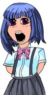 anime arm blush bowtie clothes female furude_rika hair higurashi no_nose open_mouth purple_eyes purple_hair skirt soyjak variant:cobson white_skin // 1022x1784 // 90.3KB