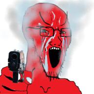 bloodshot_eyes crying fingernail firearm glasses gun hand holding_gun holding_object holding_pistol large_eyebrows open_mouth pistol pointing pointing_at_viewer red red_skin soyjak stretched_mouth stubble variant:soyak weapon // 1000x1000 // 697.5KB