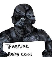 coal coal_skin donald_trump ear glasses hand holding_object jail open_mouth orange_skin soyjak stubble text variant:trumpjak // 474x521 // 230.5KB