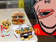 4soyjaks amerimutt baby big_mac chicken_nuggets crying fries glasses green_eyes hamburger irl_background mcdonalds pacifier stubble subvariant:impish_amerimutt subvariant:wholesome_soyjak variant:feraljak variant:gapejak variant:impish_soyak_ears // 959x718 // 517.2KB