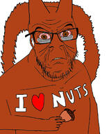 angry animal arm bloodshot_eyes brown_eyes ear eye_bags glasses hand holding_object i_love nut soyjak squirrel stubble tail text variant:feraljak // 1011x1238 // 464.9KB
