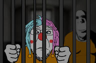 2soyjaks blurred_background clothes clown clown_nose colorful_hair fist giggly_goon_clown glasses hair hand heterochromia holding_object irl_background jail jumpsuit lipstick makeup mascara ominous prison_cell prisoner red_nose scared smile stubble subvariant:hornyson tranny variant:bernd variant:cobson // 1640x1080 // 214.4KB