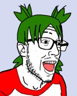 4chan anime clothes glasses green_hair hair open_mouth soyjak variant:esam yotsoyba // 443x548 // 14.3KB