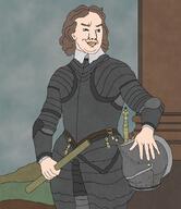 arm armor blue_eyes britain british brown_hair classical_art_parody closed_mouth clothes england hand helmet historical holding_object oliver_cromwell pilgrim politics puritan smile smug sword variant:chudjak white_skin // 1463x1690 // 1.7MB
