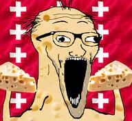 arm balding cheese country flag glasses hand hands_up open_mouth soyjak stubble swiss switzerland variant:wewjak // 468x432 // 251.6KB