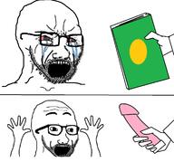 2soyjaks arm beard bloodshot_eyes book crying dildo glasses hand hands_up holding_book holding_object islam merge open_mouth penis quran soyjak stubble variant:excited_soyjak variant:soyak // 1342x1248 // 242.0KB