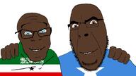 2soyjaks blue_eyes brown_eyes brown_skin countrywar flag flag:somalia flag:somaliland friendship glasses hand happy looking_at_you smile somalia somaliland soyjak stubble variant:cobson variant:feraljak // 1919x1075 // 94.4KB
