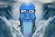 animated blue blue_skin calm closed_eyes gif glasses open_mouth pixiz smile soyjak stretched_chin stubble variant:markiplier_soyjak water waterfall // 720x480 // 3.0MB
