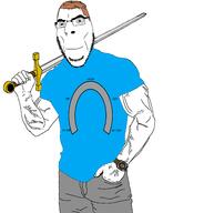 arm blue_eyes brown_hair buff centrist closed_mouth clothes glasses hand holding_object holding_sword horseshoe_theory smile soyjak stubble sword tshirt variant:cobson vein watch weapon // 1834x1910 // 154.6KB