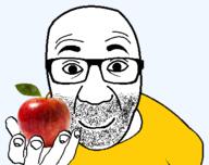 apple closed_mouth clothes food fruit glasses holding_object perro_hold smile soyjak stubble tshirt variant:el_perro_rabioso // 398x316 // 43.1KB