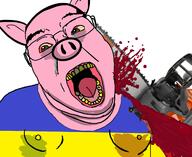 animal blood bloodshot_eyes chainsaw clothes crying ear flag glasses gynaecomastia nipple open_mouth pig pink_skin snout soyjak tongue ukraine variant:gapejak yellow_teeth // 1574x1290 // 577.3KB
