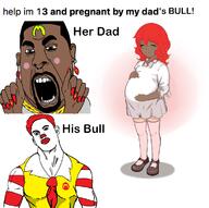 black_skin blush clothes earring hair kanye_west mcdonalds necklace nose_piercing open_mouth painted_nails pregnant ronald_mcdonald soyjak tshirt variant:cobson // 1166x1161 // 575.9KB