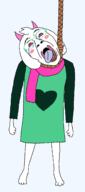 animal bloodshot_eyes crying dead deltarune ear fangs full_body furry glasses goat hanging heart horn ralsei_(deltarune) rope scarf soyjak suicide sweater tongue tranny variant:bernd video_game yellow_teeth // 1197x2709 // 59.1KB