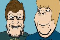 2soyjaks are_you_soying_what_im_soying beavis_and_butthead brown_hair clothes glasses looking_at_each_other smile soyjak stubble subvariant:wholesome_soyjak variant:gapejak variant:markiplier_soyjak white_skin // 720x480 // 757.1KB