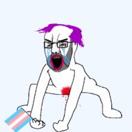 angry animated blood bloodshot_eyes crying flag glasses hair holding_flag holding_object monkey_dance neovagina open_mouth purple_hair shaved soyjak tranny variant:chudjak // 570x570 // 144.5KB