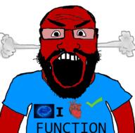angry arm beard blue_shirt brain clothes fume glasses heart i_love open_mouth red soyjak tshirt variant:science_lover // 800x789 // 182.7KB