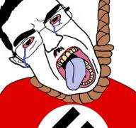 bloodshot_eyes clothes crying glasses hair hanging mustache nazism open_mouth pol_(4chan) politics rope soyjak subvariant:chudjak_front suicide swastika tongue variant:chudjak yellow_teeth // 768x719 // 304.3KB