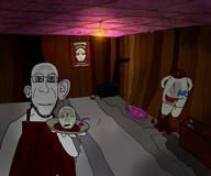 2soyjaks basement blood clothes drinking_straw ear evil food gore grin hand holding_object meat murder naked ominous overalls penis plate poster rape realistic saw scary subvariant:lawrence variant:platejak // 3333x2777 // 7.4MB