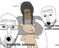 2soyjaks arm brown_skin clothes female fishtank_live glasses hand josie_(fishtank) long_hair looking_at_you lorem_ipsum million_dollar_extreme native_american open_mouth plush pointing stubble teddy_bear text trad_wife tshirt variant:two_pointing_soyjaks // 800x654 // 238.7KB