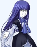anime bernkastel clothes female glasses hair purple_hair smile smug soyjak umineko variant:classic_soyjak vidya // 750x956 // 623.8KB