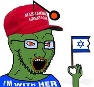 antenna arm cap clothes country donald_trump flag frog glasses green green_skin hand hat holding_flag holding_object israel maga open_mouth orange_eyes pepe reddit soyjak star star_of_david stubble text united_states variant:soyak // 1044x964 // 529.9KB