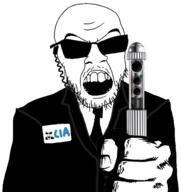 angry animated central_intelligence_agency clothes earpiece glasses gleam hand holding_object mustache necktie open_mouth soyjak stubble suit sunglasses variant:feraljak // 452x480 // 394.7KB