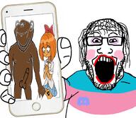 arm bbc black_skin blush clothes discord ear glasses hair hand holding_object makeup mymy nervous nsfw ongezellig open_mouth penis phone queen_of_spades soyjak soyjak_holding_phone stubble tattoo tranny tshirt variant:impish_soyak_ears variant:markiplier_soyjak // 2160x1884 // 1.7MB