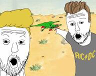 2soyjaks ac_dc animal beavis_and_butthead blood brown_hair cartoon clothes dead desert frog glasses hair mustache open_mouth soyjak stubble tshirt variant:two_pointing_soyjaks yellow_hair // 750x593 // 60.1KB