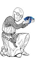 arm armor chain_mail closed_eyes closed_mouth clothes full_body gem glasses holding_gem holding_object kneeling knight shoe smile soyjak stubble variant:soyak // 455x700 // 157.7KB
