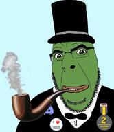 bowtie clothes discord frog glasses green_skin hat i_love pepe pipe smile smoke smoking soot_colors soyjak soyjak_cafe soyjak_party stubble text top_hat tuxedo variant:cobson // 1134x1312 // 377.8KB