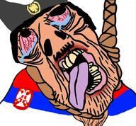 bird bloodshot_eyes cap clothes communism country crying eagle flag hair hanging hat logo open_mouth patch rope serbia socialism soyjak star stubble subvariant:brunetto symbol text tongue variant:bernd white_skin yellow_teeth yugoslavia // 485x450 // 249.7KB