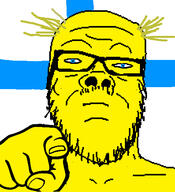 beard blue_eyes closed_mouth finland flag glasses hand mustache pointing pointing_at_viewer small_eyes soyjak stubble variant:a24_slowburn_soyjak yellow_hair yellow_skin // 444x487 // 202.9KB